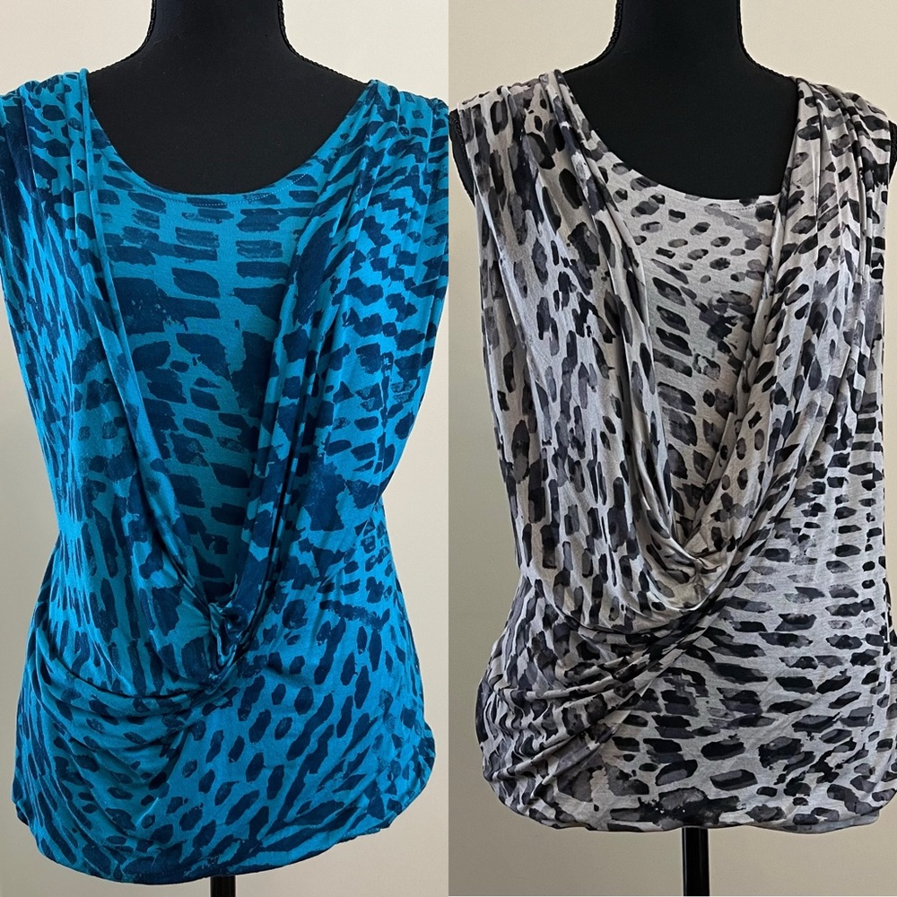 2 draped Halogen sleeveless tops. Grey and teal. Size L.